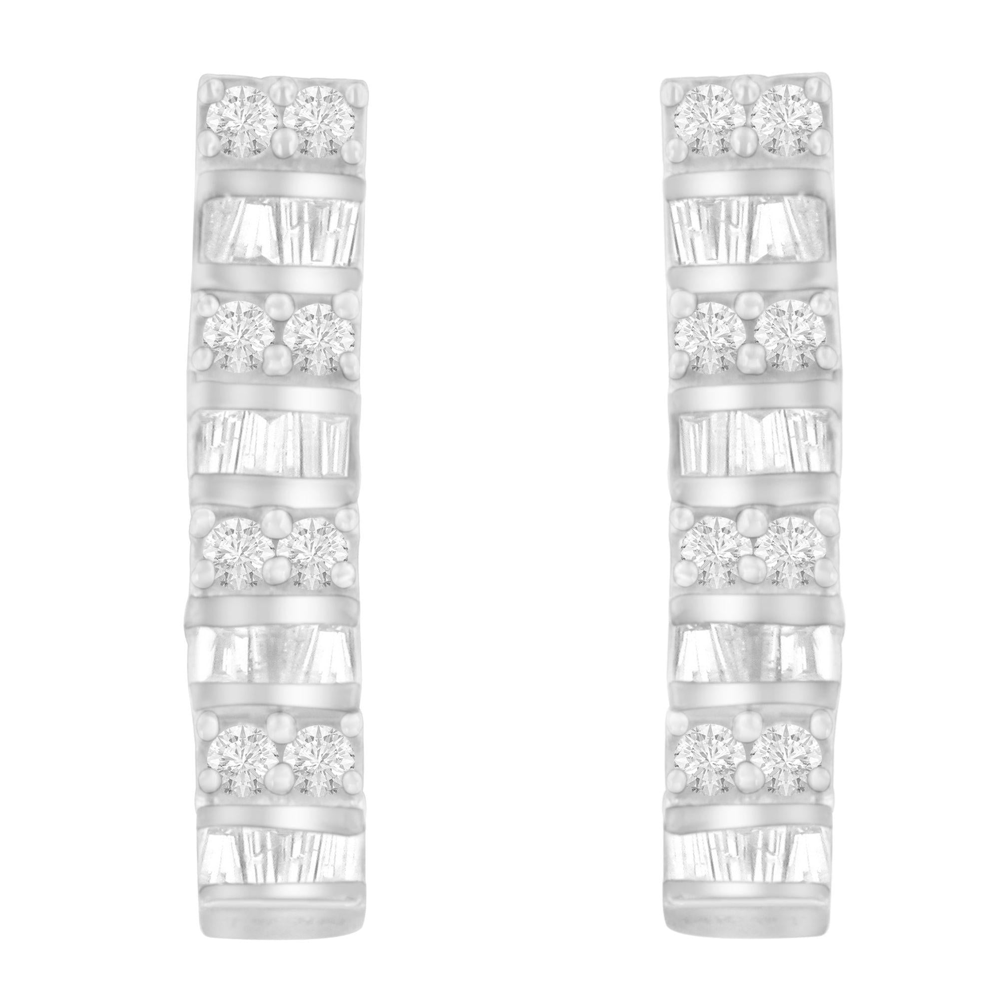 14K White Gold 1 1/3 cttw Round And Baguette Cut Diamond Earrings (H-I, SI2-I1)-0