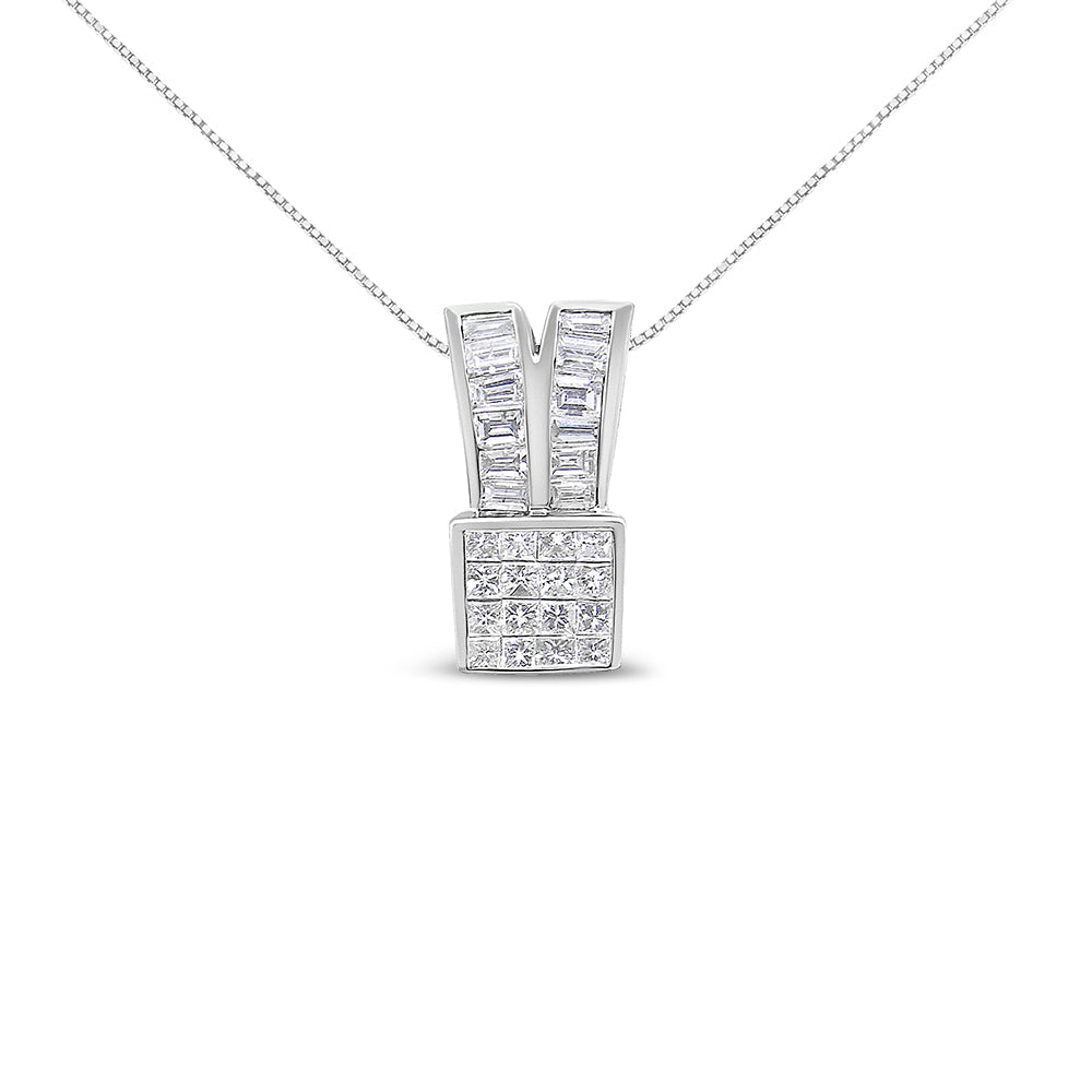14K White Gold 1 5/8 cttw Princess and Baguette Cut Diamond Heart Ribbon Pendant Necklace (G-H, VS1-VS2)-0