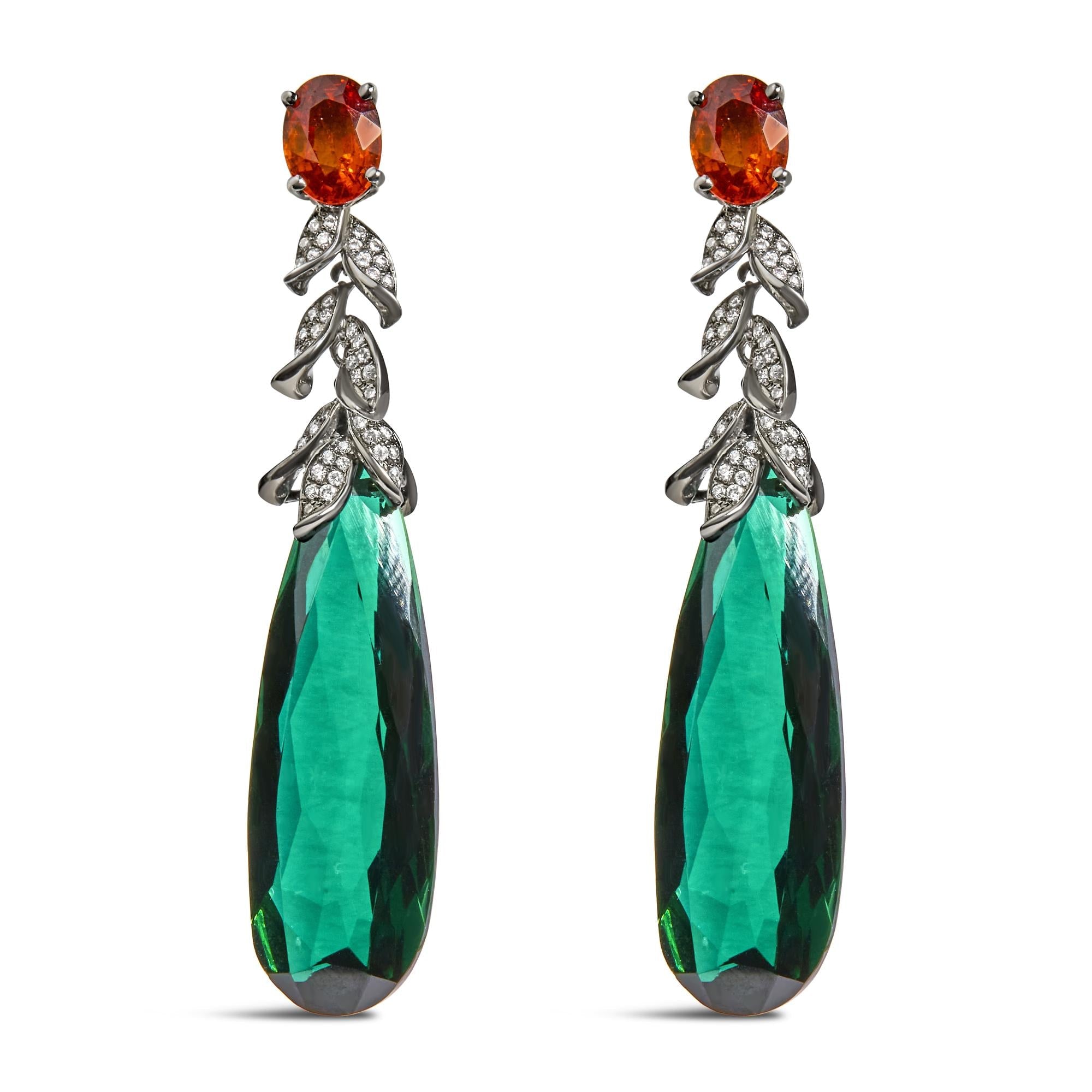 18K White Gold 1/2 Cttw Diamond and Green Quartz Art Deco Inspired 2 1/3" Inch Drop and Dangle Earrings (F-G Color, VS1-VS2 Clarity)-0