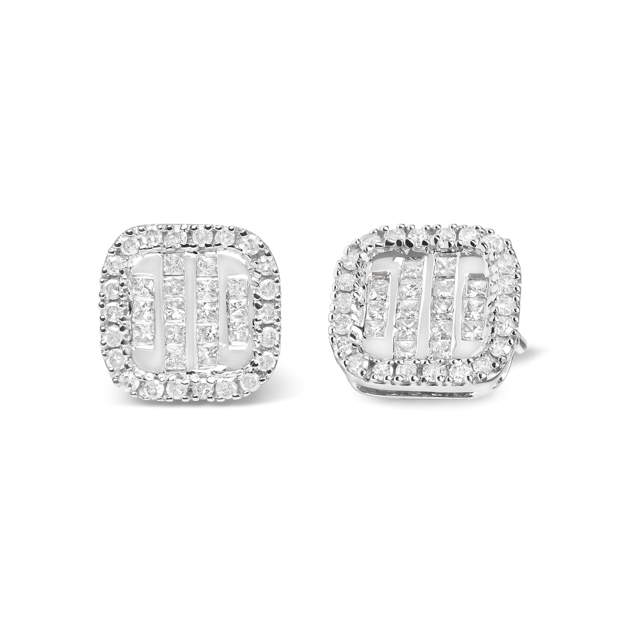 10K White Gold 7/8 Cttw Diamond Princess Composite and Halo Stud Earrings (I-J Color, I1-I2 Clarity)-1