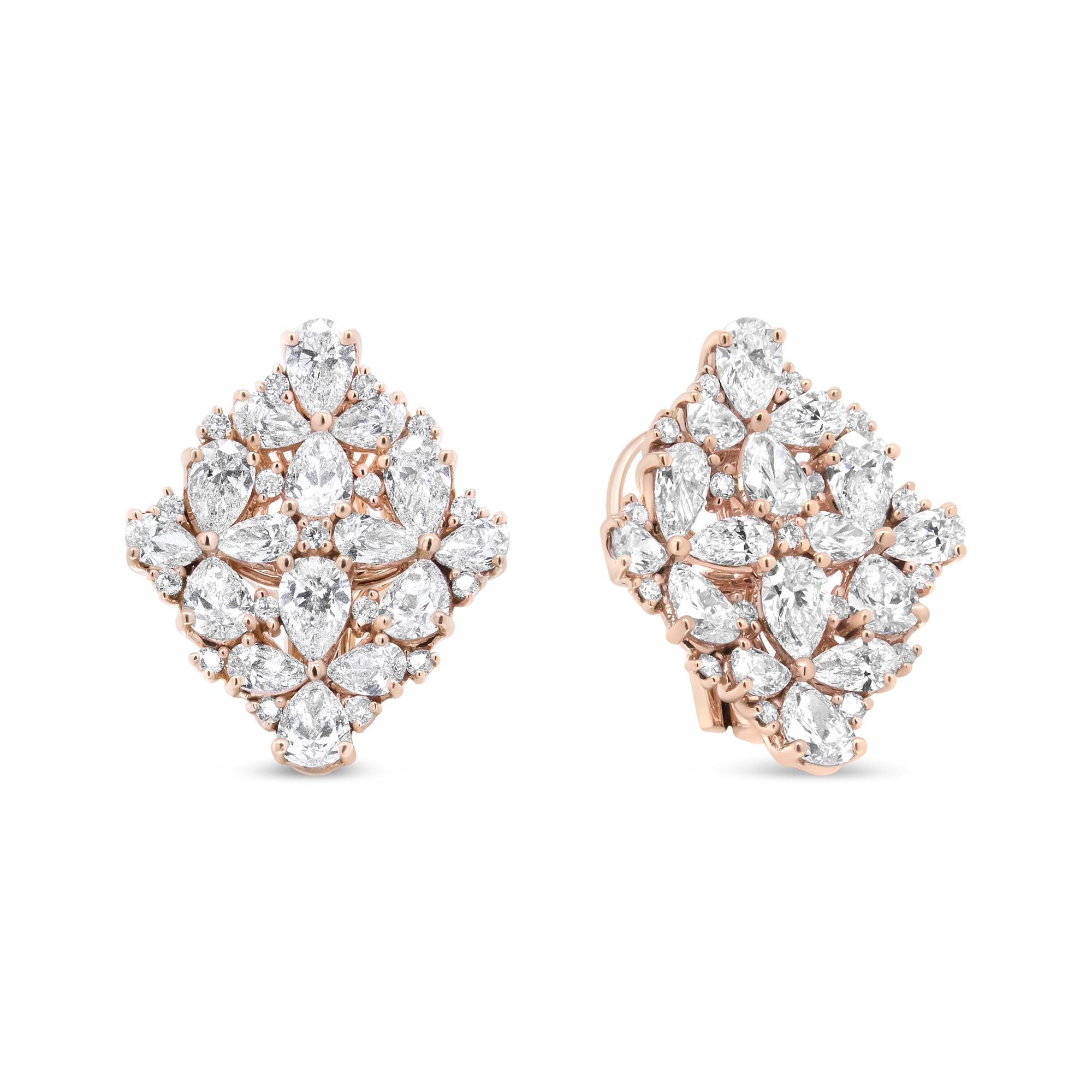 18K Rose Gold 8 1/3 Cttw Pear and Round Diamond Floral Cluster Omega Earrings (F-G Color, VS1-VS2 Clarity)-1