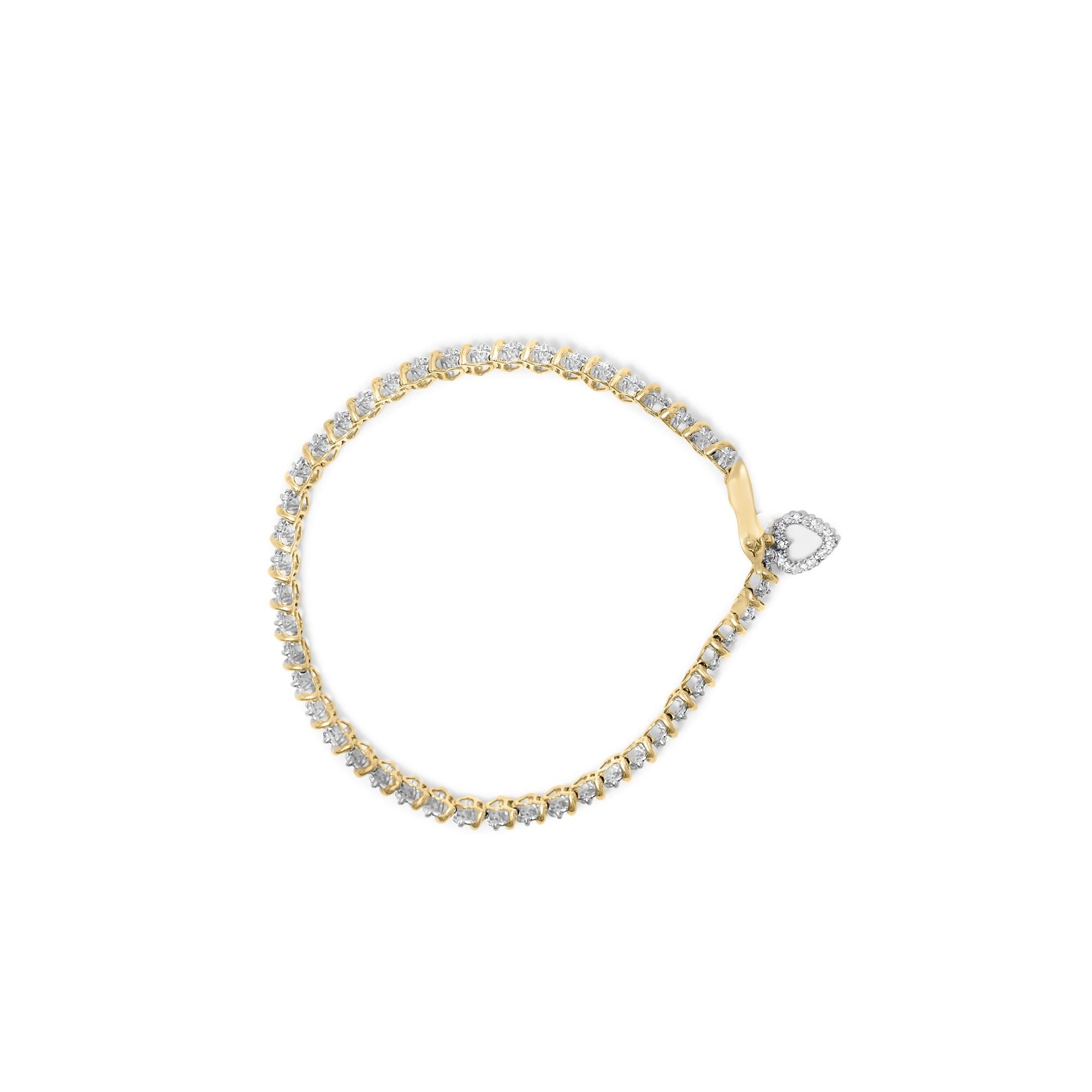 10K Yellow Gold over .925 Sterling Silver 2.0 Cttw Diamond Heart Charm 7" Link Bracelet (I-J Color, I3 Clarity)-2