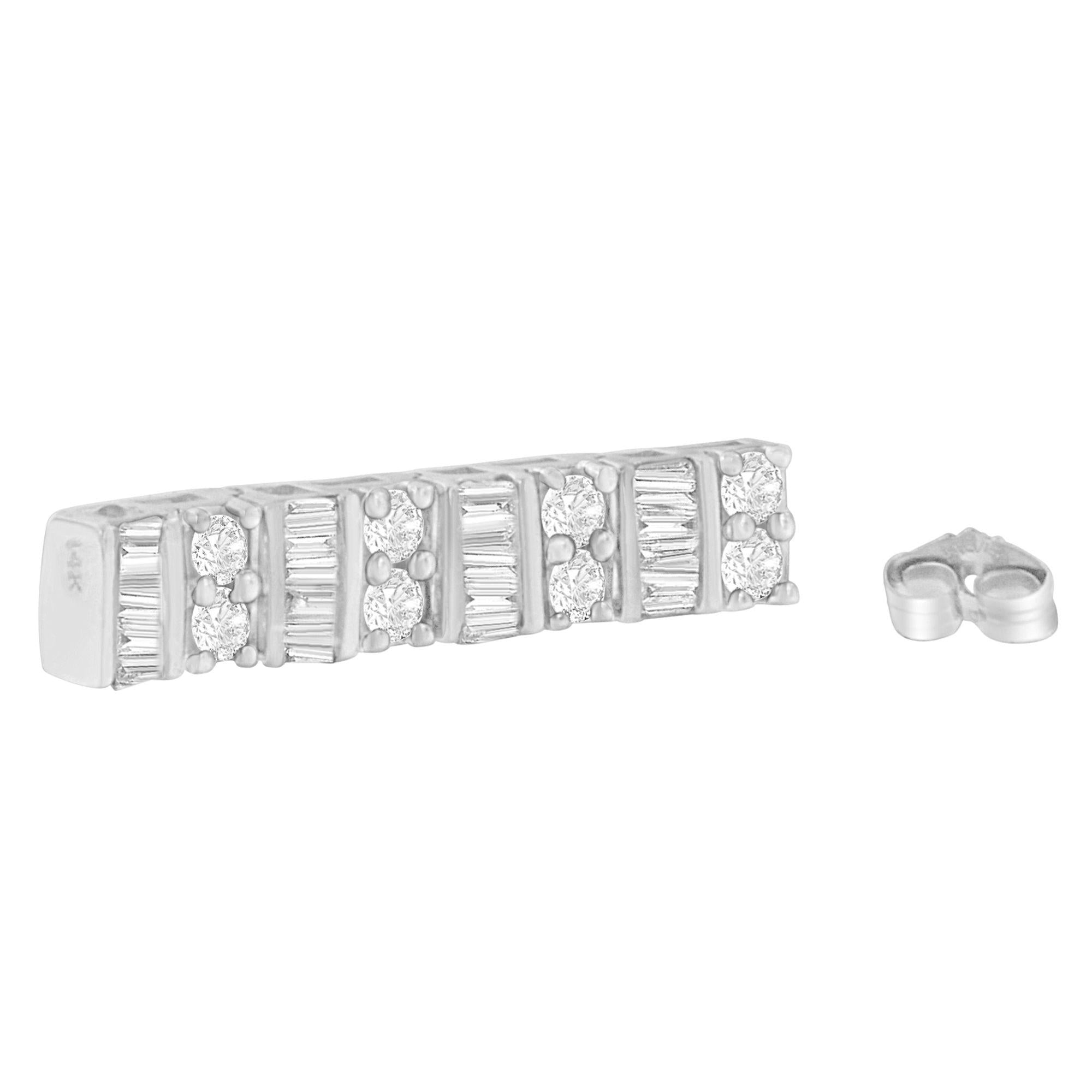 14K White Gold 1 1/3 cttw Round And Baguette Cut Diamond Earrings (H-I, SI2-I1)-2