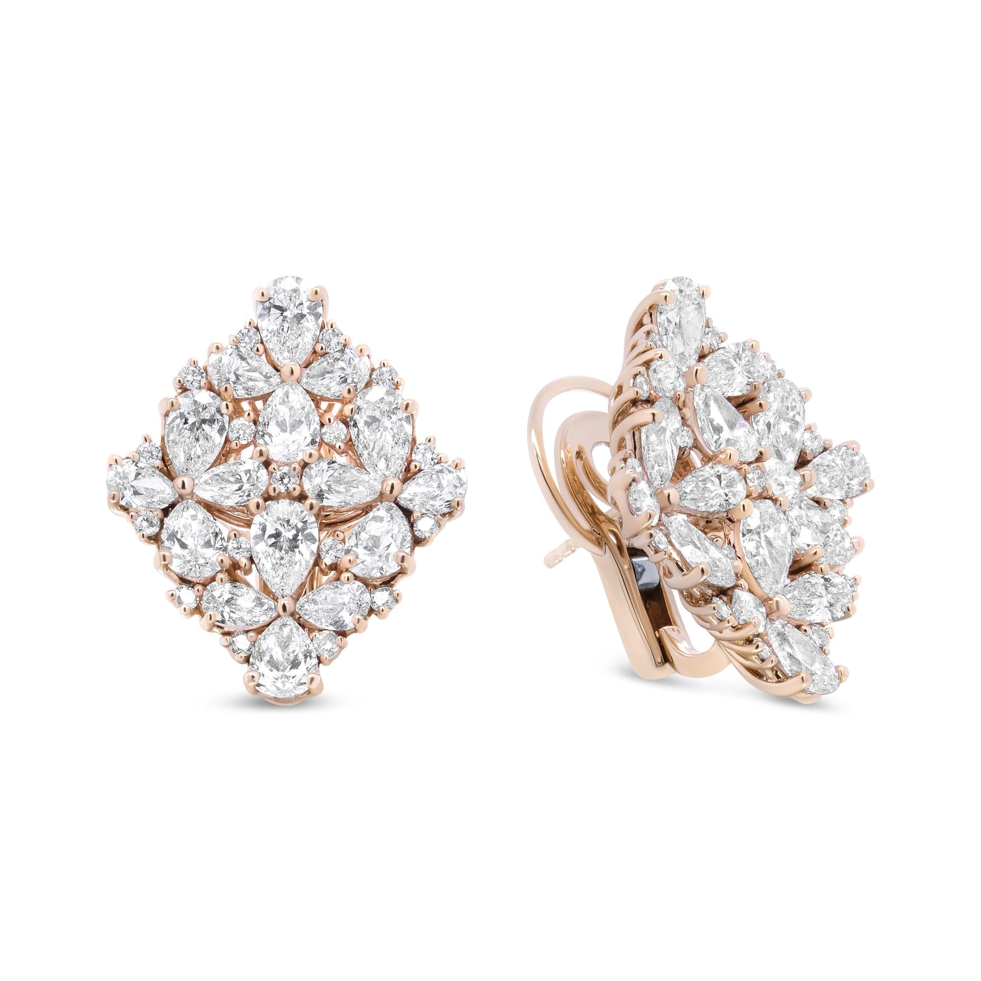 18K Rose Gold 8 1/3 Cttw Pear and Round Diamond Floral Cluster Omega Earrings (F-G Color, VS1-VS2 Clarity)-2