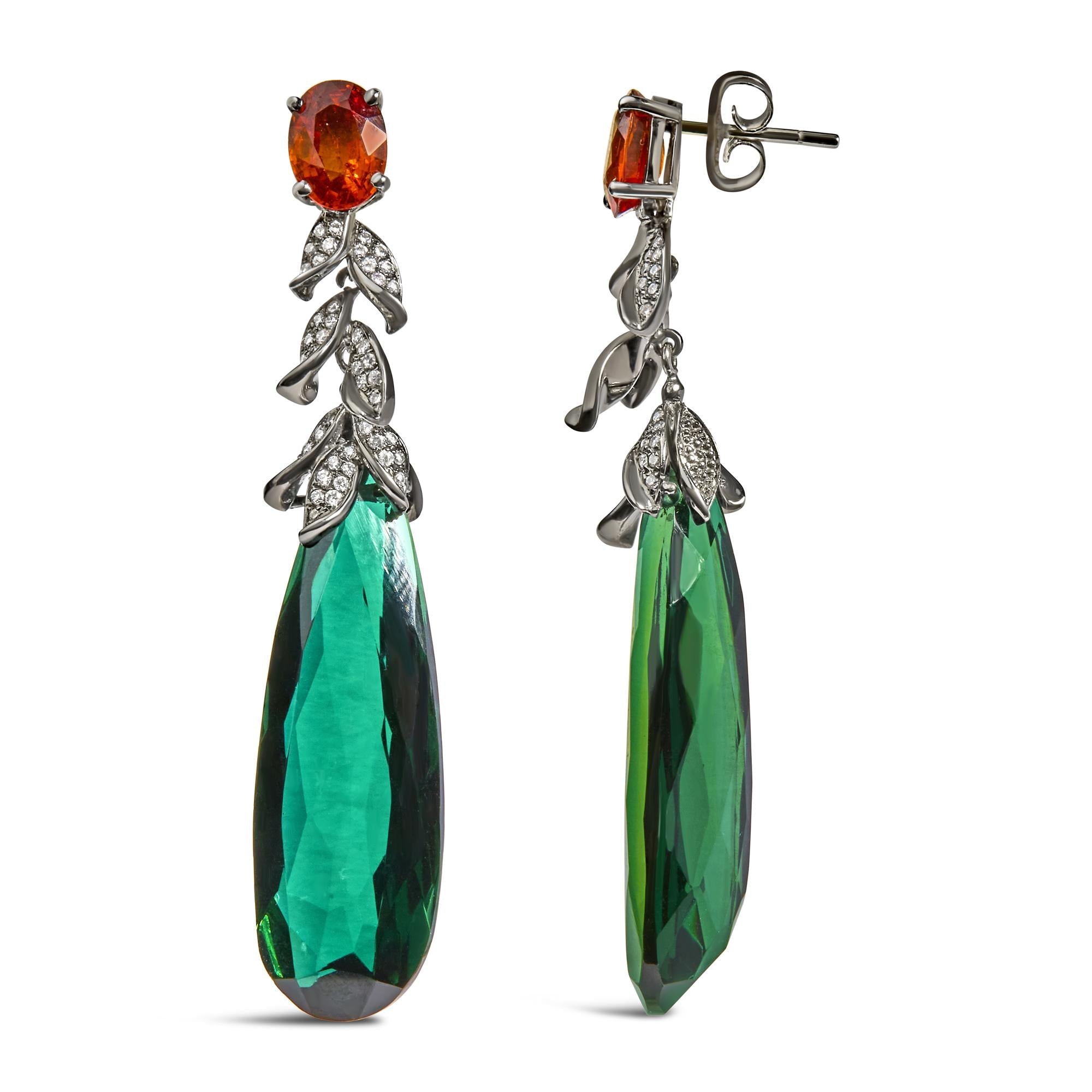 18K White Gold 1/2 Cttw Diamond and Green Quartz Art Deco Inspired 2 1/3" Inch Drop and Dangle Earrings (F-G Color, VS1-VS2 Clarity)-2