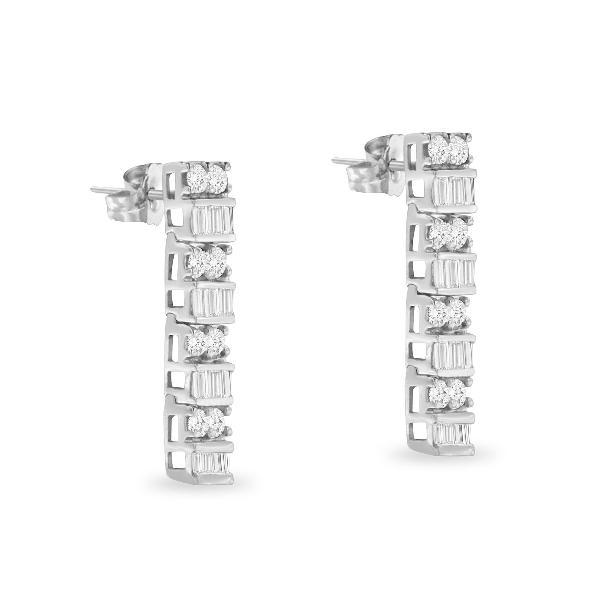 14K White Gold 1 1/3 cttw Round And Baguette Cut Diamond Earrings (H-I, SI2-I1)-3
