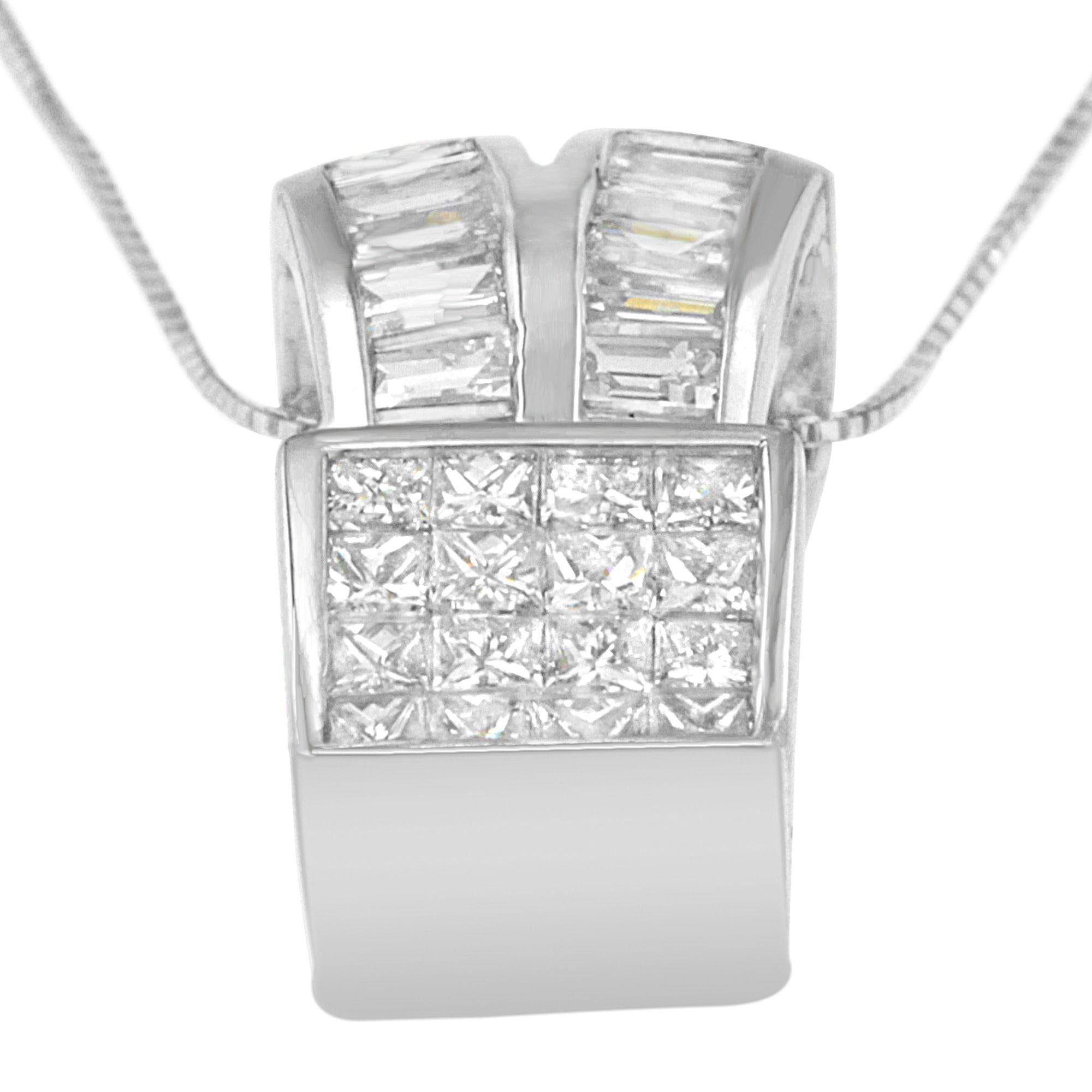 14K White Gold 1 5/8 cttw Princess and Baguette Cut Diamond Heart Ribbon Pendant Necklace (G-H, VS1-VS2)-3
