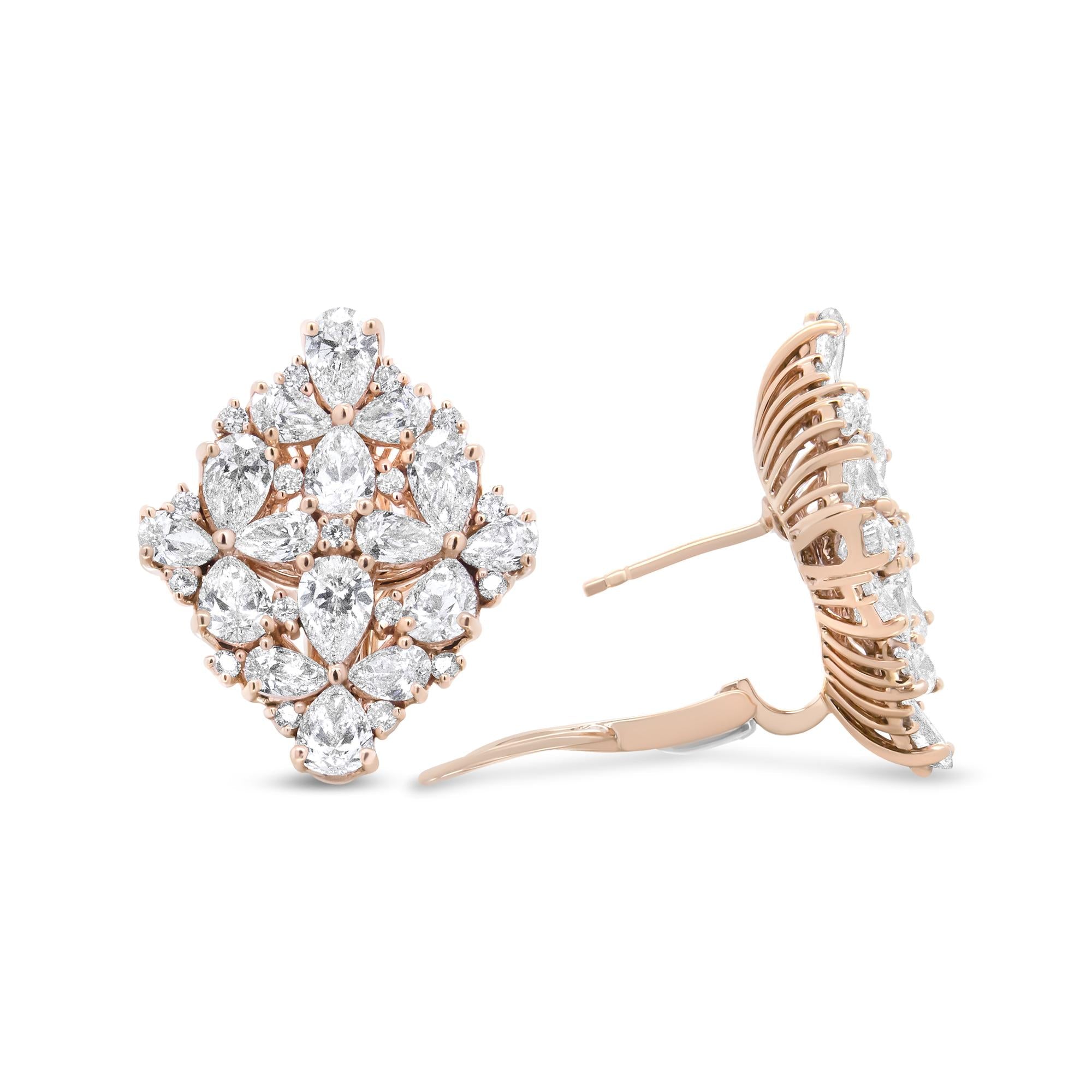 18K Rose Gold 8 1/3 Cttw Pear and Round Diamond Floral Cluster Omega Earrings (F-G Color, VS1-VS2 Clarity)-3