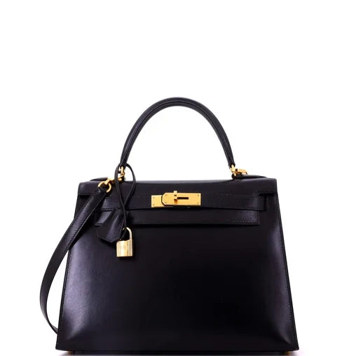 Hermes Kelly Handbag Noir Box Calf with Gold Hardware 28