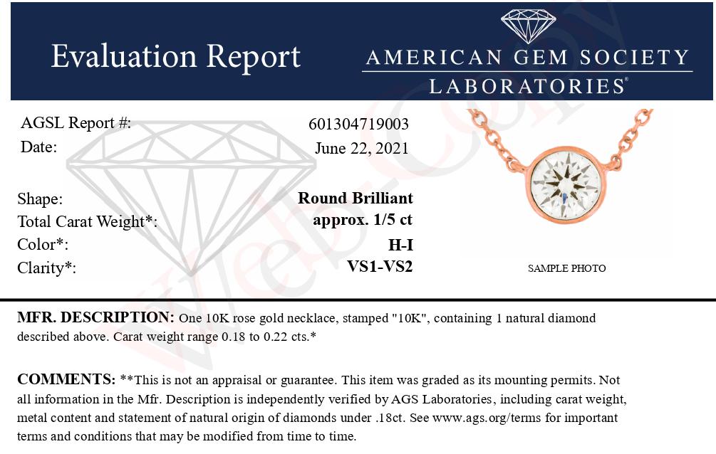 AGS Certified 10K Rose Gold 1/5 Cttw Bezel Set Round Diamond Solitaire 16-18" Adjustable Pendant Necklace (H-I Color, VS1-VS2 Clarity)-3