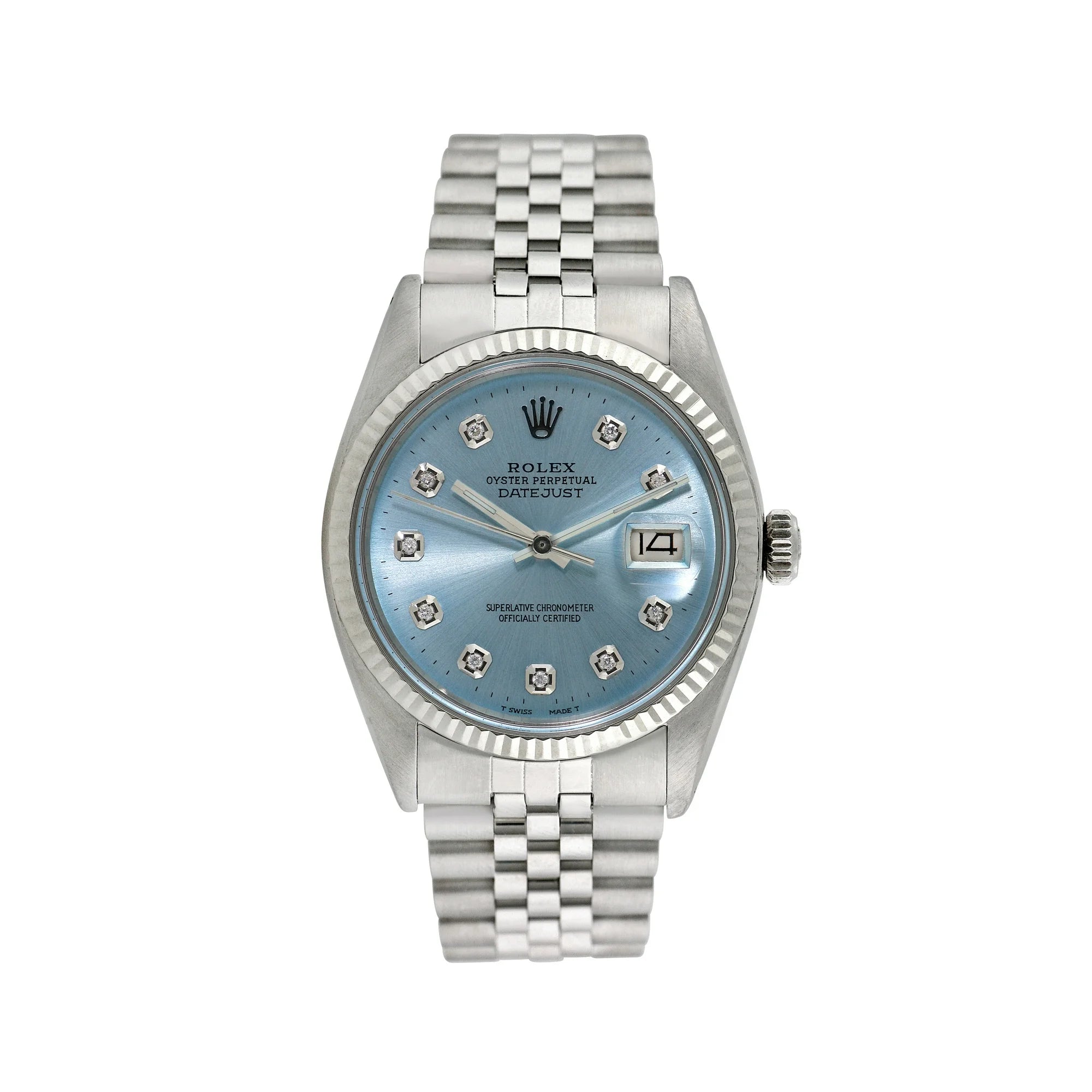 Pre-Owned Rolex 1500 Men's 34mm Date Wristwatch Mother of Pearl Diamond (3 Year Warranty) (Good)