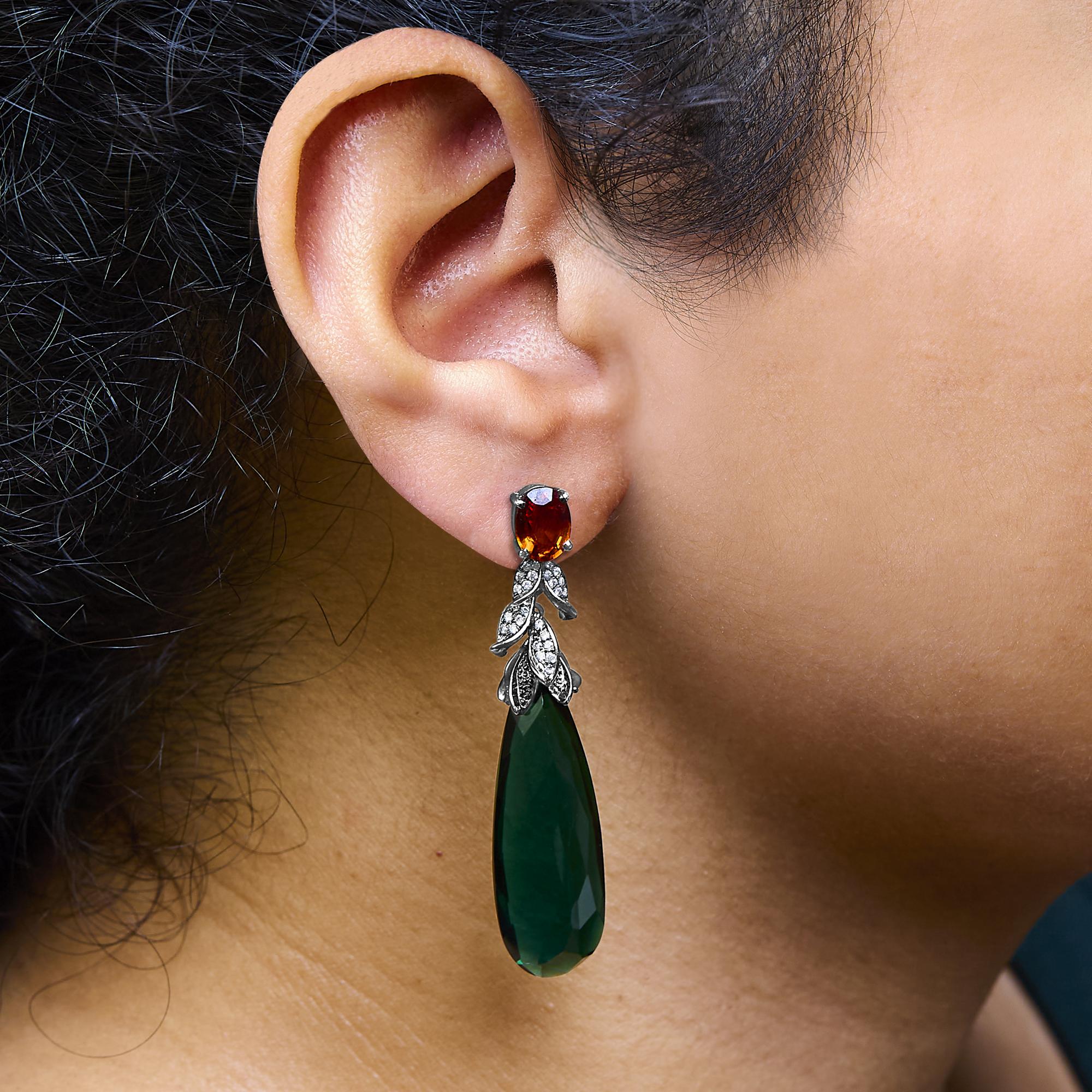 18K White Gold 1/2 Cttw Diamond and Green Quartz Art Deco Inspired 2 1/3" Inch Drop and Dangle Earrings (F-G Color, VS1-VS2 Clarity)-3