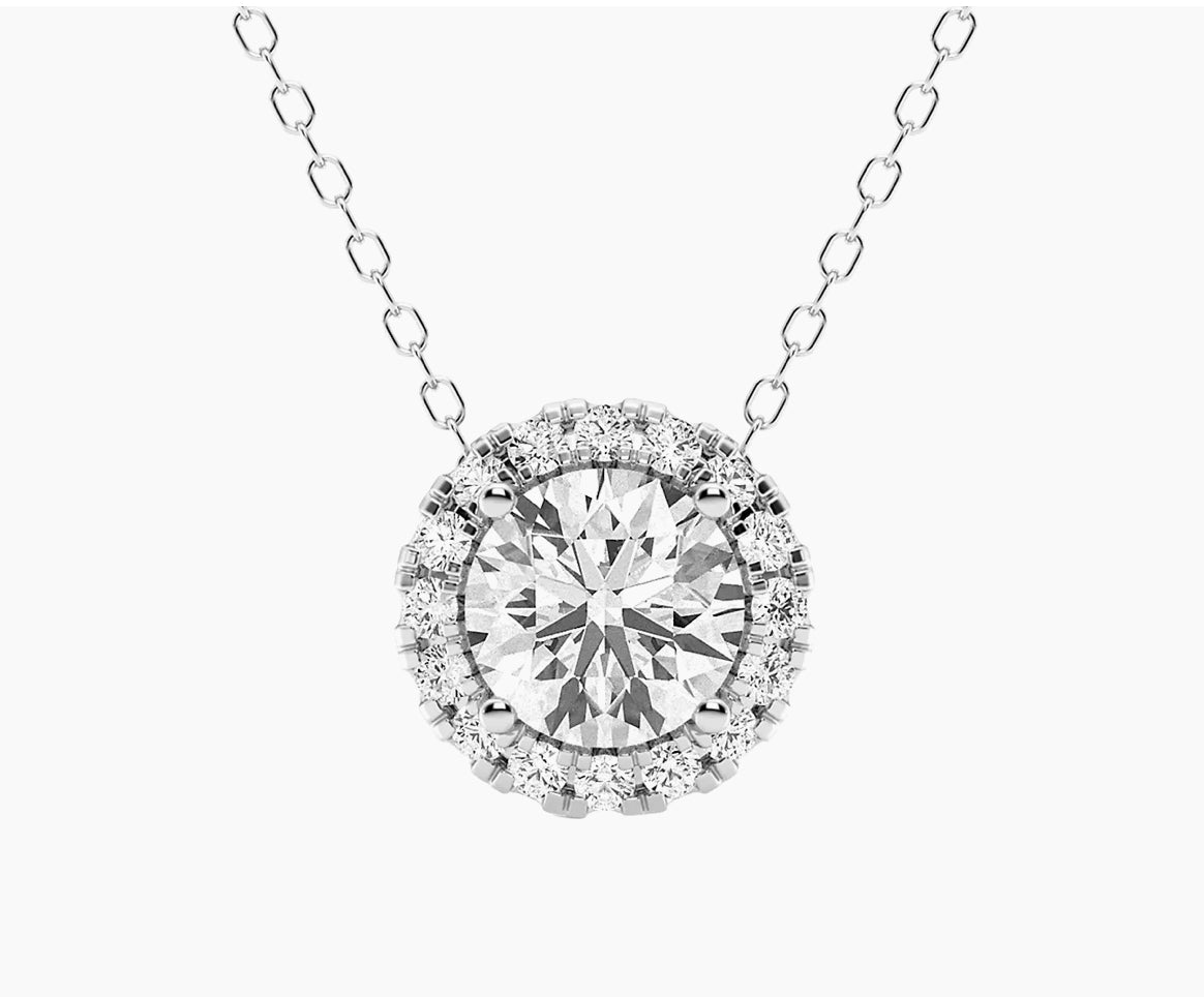 Exquisite AGI Certified Lab-Grown Diamond (G/VS) Halo Pendant Necklace in 14kt White Gold - Choose 1 CTW or 2 CTW-0