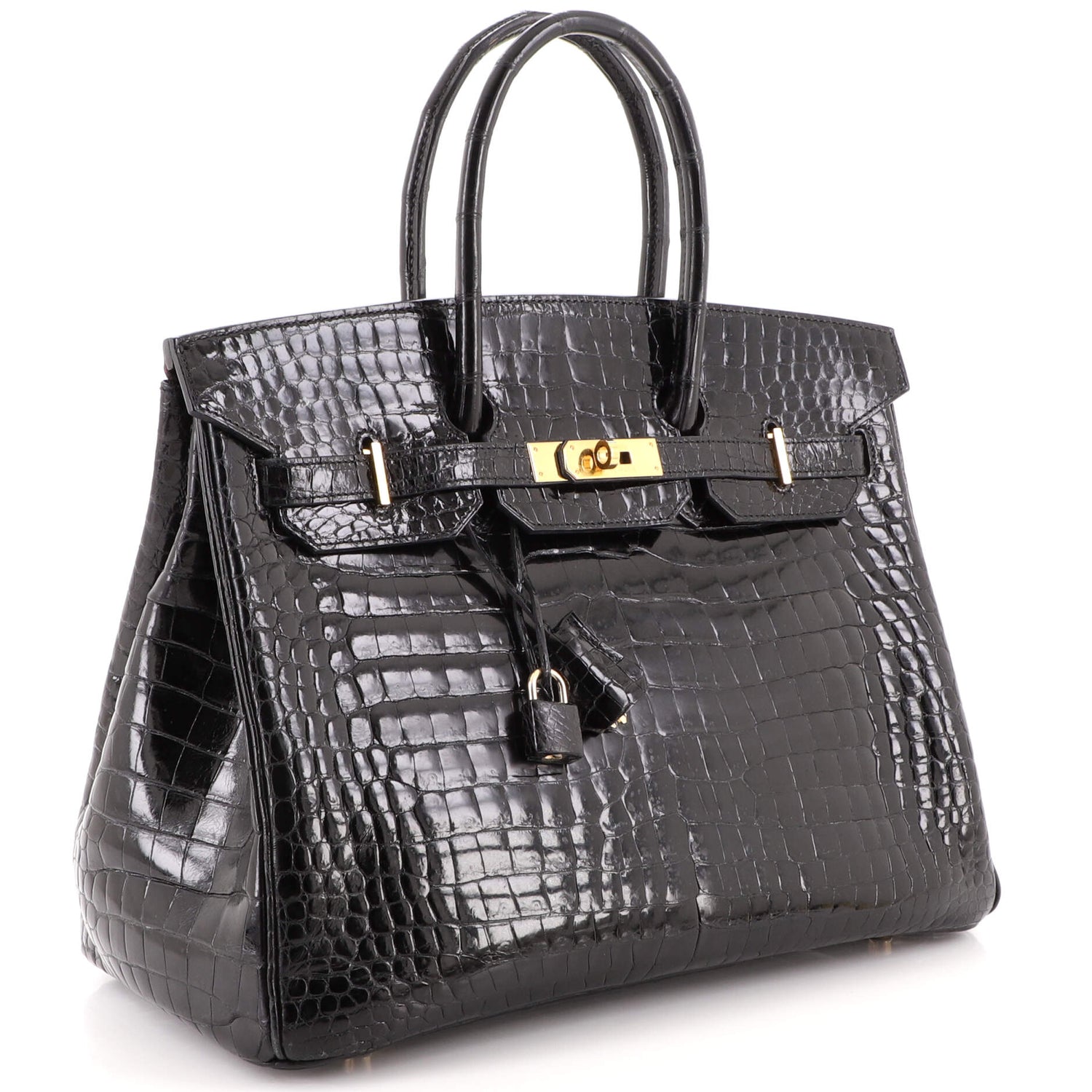 Birkin Handbag Noir Shiny Porosus Crocodile with Gold Hardware 35