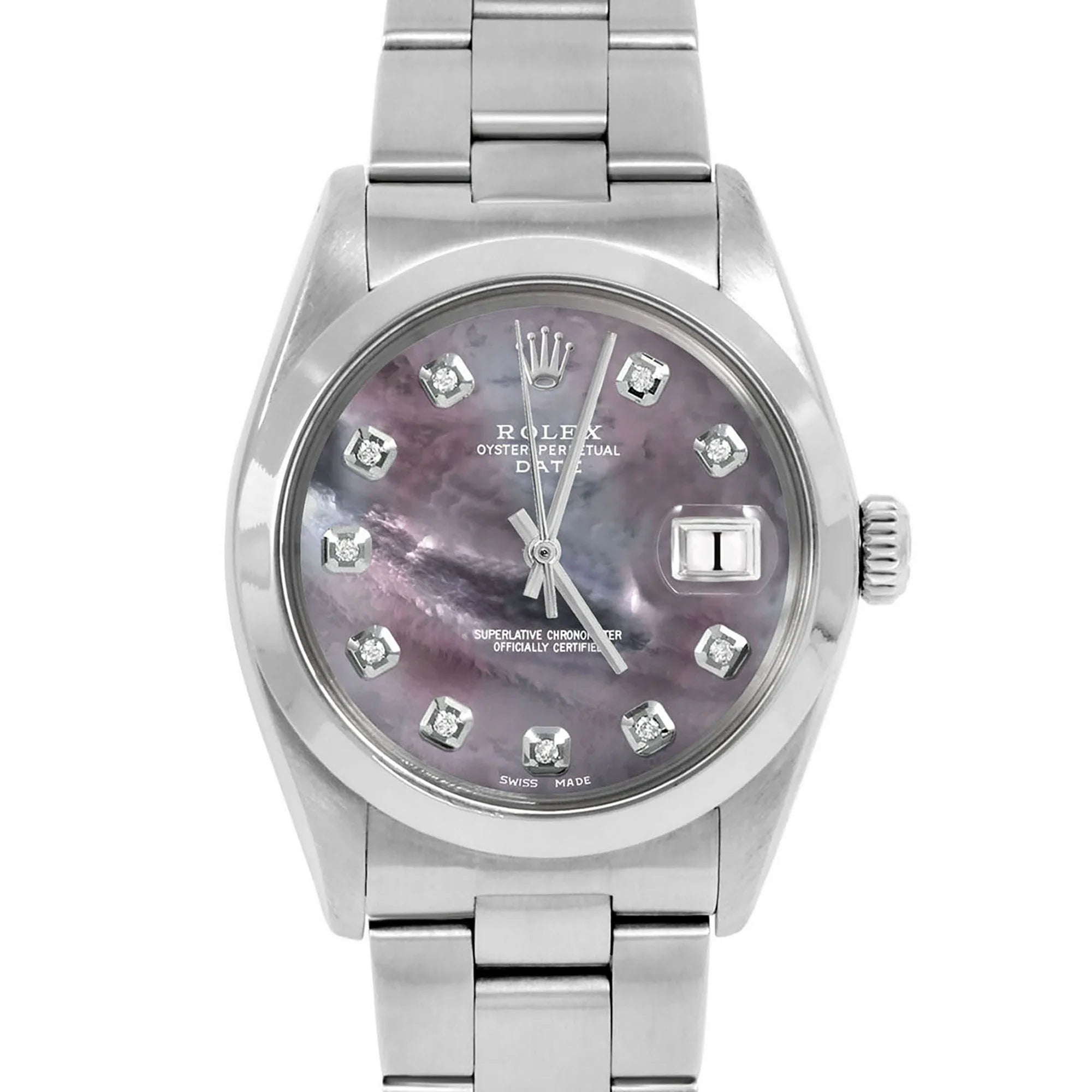 Pre-Owned Rolex 1500 Men's 34mm Date Watch, Custom Black Mother of Pearl Diamond Dial & Rolex Stainless Steel Smooth / Domed Bezel on Rolex Stainless Steel Oyster Band