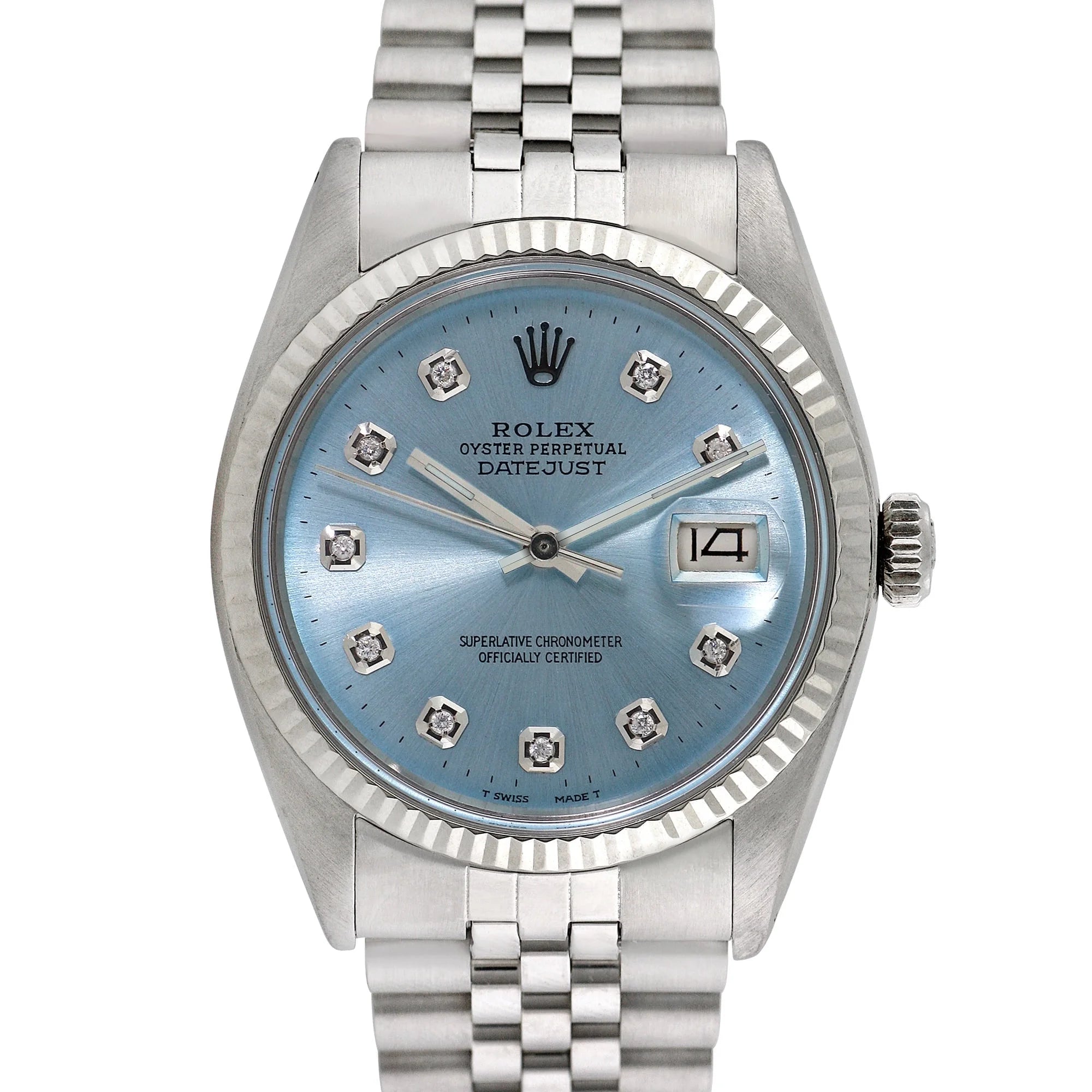 Pre-Owned Rolex 1500 Men's 34mm Date Wristwatch Mother of Pearl Diamond (3 Year Warranty) (Good)