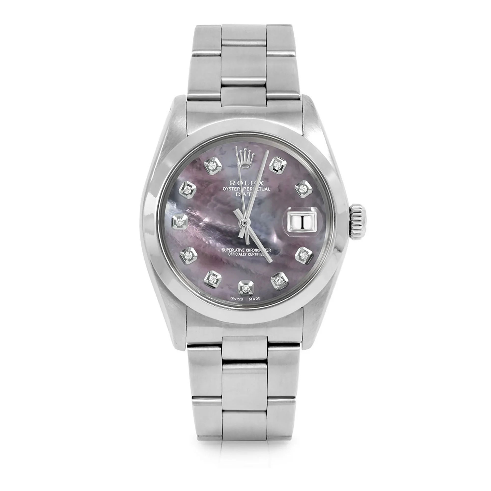Pre-Owned Rolex 1500 Men's 34mm Date Watch, Custom Black Mother of Pearl Diamond Dial & Rolex Stainless Steel Smooth / Domed Bezel on Rolex Stainless Steel Oyster Band