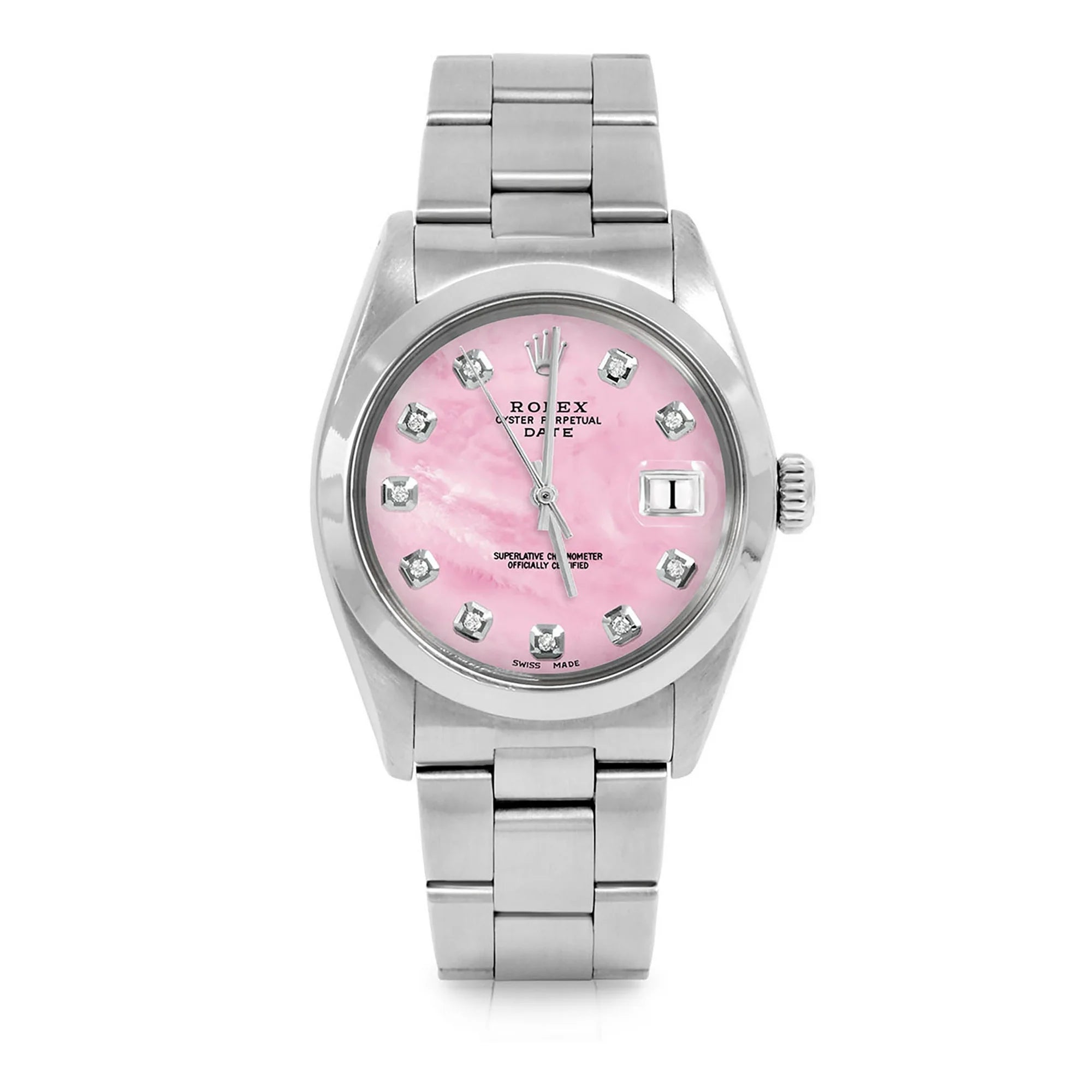 Pre-Owned Rolex 1500 Men's 34mm Date Wristwatch Pink Mother of Pearl Diamond (3 Year Warranty)