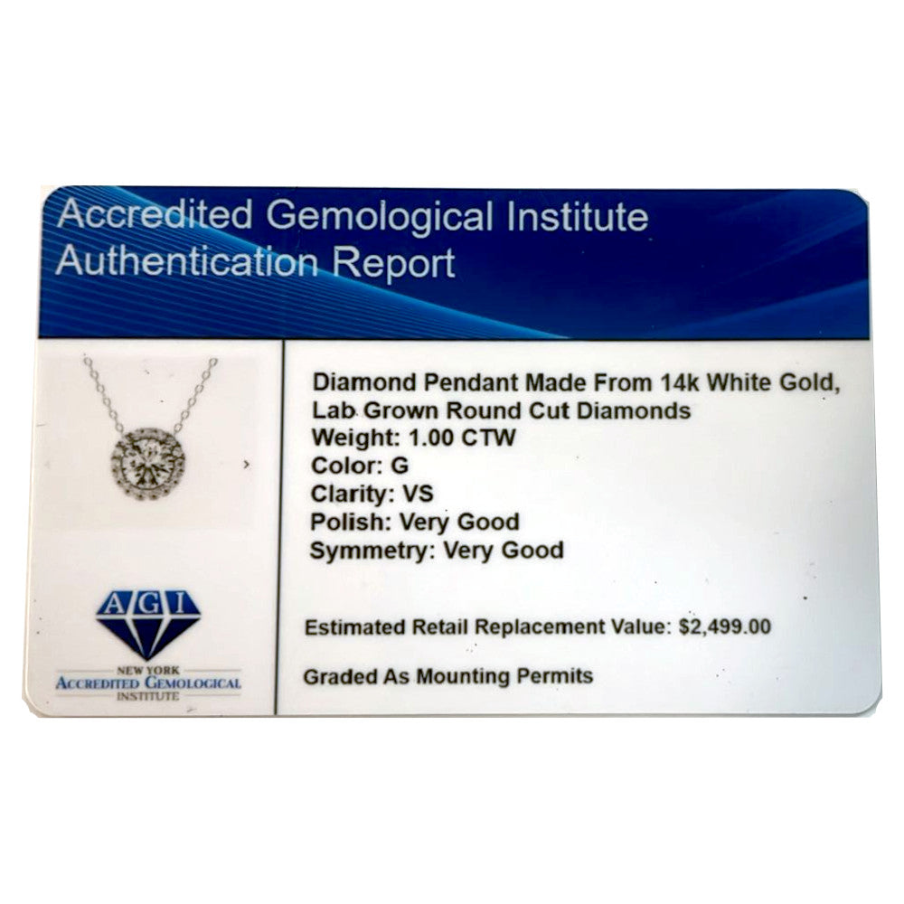 Exquisite AGI Certified Lab-Grown Diamond (G/VS) Halo Pendant Necklace in 14kt White Gold - Choose 1 CTW or 2 CTW-4