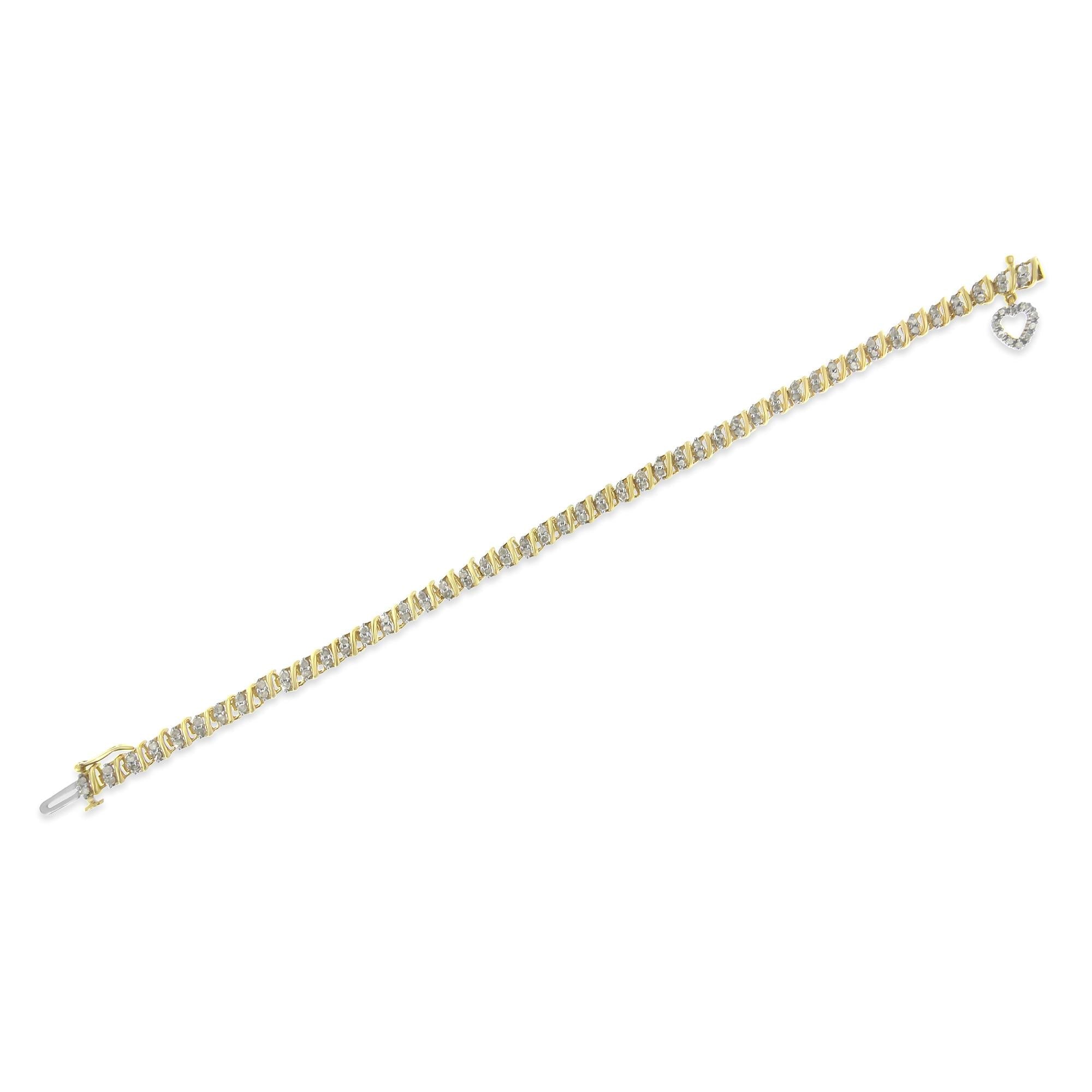 10K Yellow Gold over .925 Sterling Silver 2.0 Cttw Diamond Heart Charm 7" Link Bracelet (I-J Color, I3 Clarity)-4