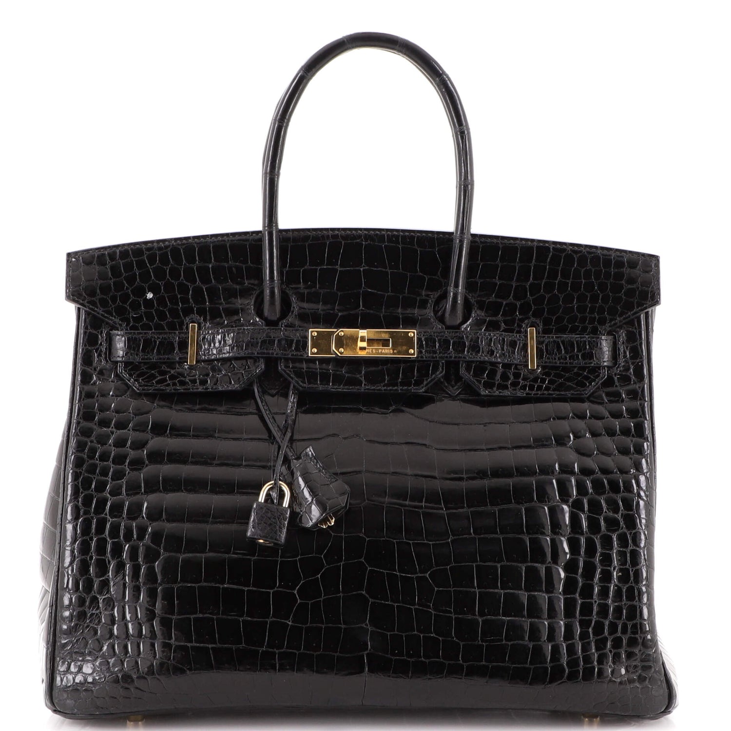 Birkin Handbag Noir Shiny Porosus Crocodile with Gold Hardware 35