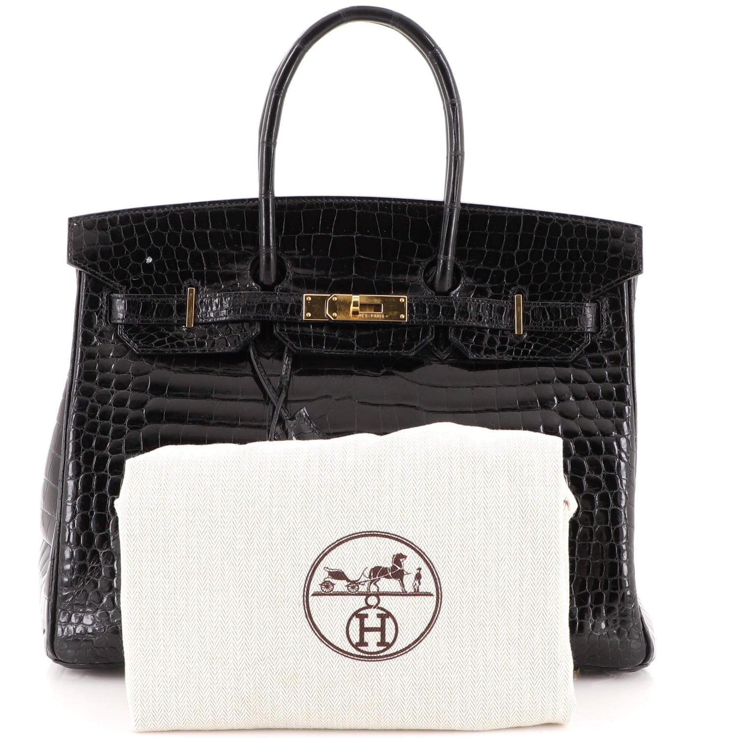 Birkin Handbag Noir Shiny Porosus Crocodile with Gold Hardware 35