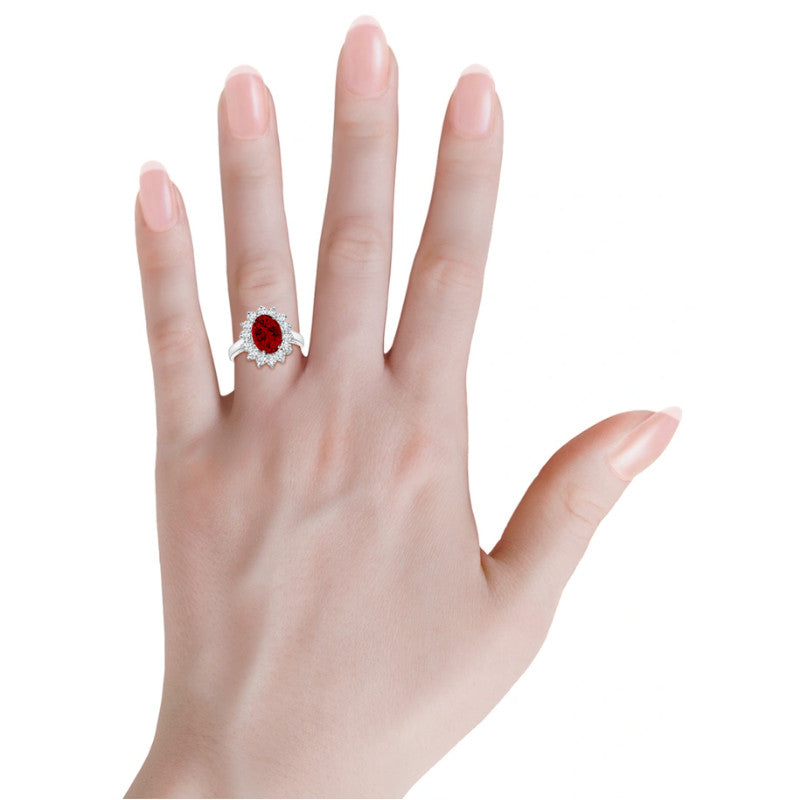 AGI Certified 3CTW Oval Lab Ruby Princess Diana Ring With Lab Diamond Halo in Choice of 14K White or Yellow Gold - 9x7mm-4